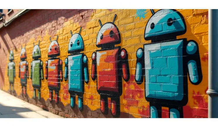 Colorful graffiti of Android robots on a brick wall, symbolizing Android Versions Evolution with vibrant artistic style.